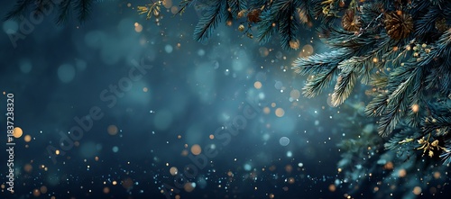 Dark blue background with fir branches and bokeh lights