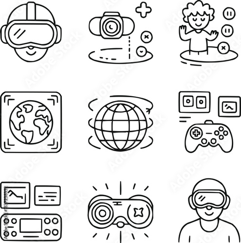 Virtual Reality Doodle Icon Set Cute Hand-Drawn VR Headsets and Immersive Worlds