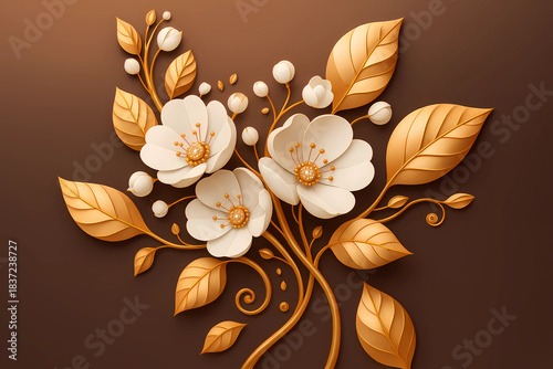 Brown wallpaper with a golden apple tree branch and flowers