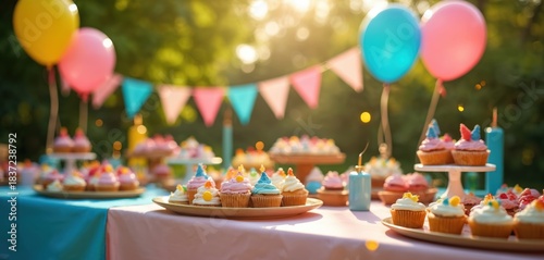 Festive outdoor birthday party scene with colorful balloons cupcakes and decorations. Happy celebration in the backyard with treats. Joyful moments of childhood fun.