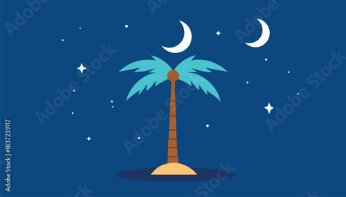 A serene night illustration featuring a single palm tree on a small island under a dark blue sky with two crescent moons and twinkling stars.