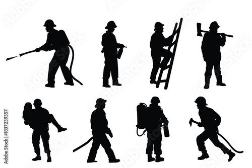 Firefighter Emergency Rescue Team Silhouettes Set, Action, Ladder, Hose, and Ax