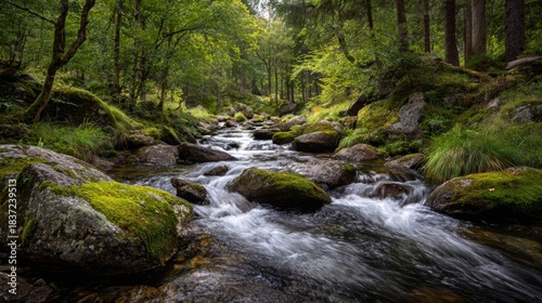 Serene flowing river surrounded by lush greenery, mossy rocks, and tranquil forest backdrop, capturing nature's beauty and peaceful environment