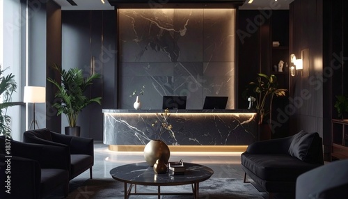 Modern architecture interior design featuring dark grey marble reception. Elegant luxury lobby atmosphere, waiting area chairs, dramatic high-contrast moody environment for hotel or office entrance.
