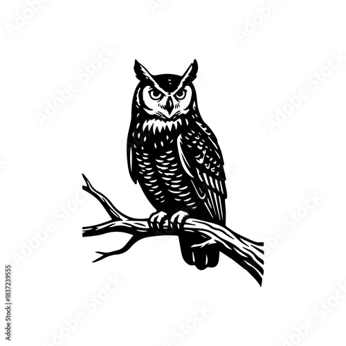 A highly detailed black and white vector illustration of a majestic owl perched on a branch, staring intensely forward. The design emphasizes its wisdom, nocturnal nature, and sharp features.