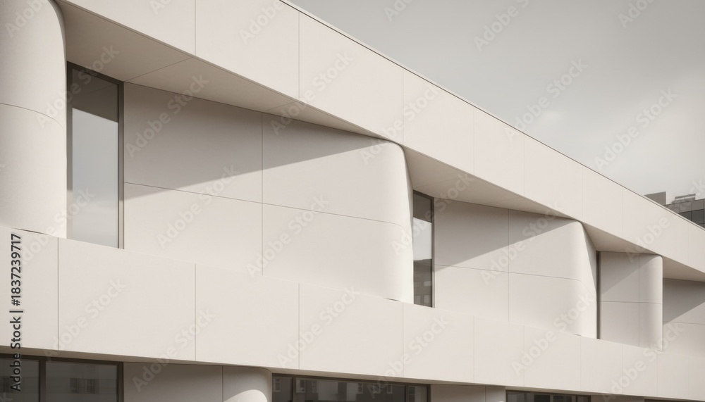 Obraz premium A modern architectural facade with soft warm white panels forming curved minimal surfaces under pale neutral light creating a serene refined structure with calm airy tone