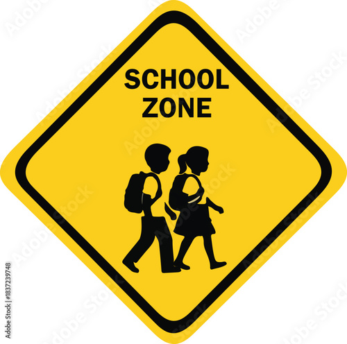 Bright Yellow Diamond School Zone Sign with Black Border, Walking Children Silhouette, and Safety Text,children crossing road sign
