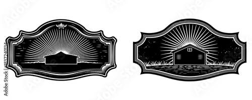 Vintage blank metal plaque with scratched surface, farmhouse décor setting, sunlight glow.