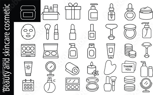 Beauty and skincare cosmetic line icon set including makeup, spa, lotion, tools, perfume, and self-care essentials