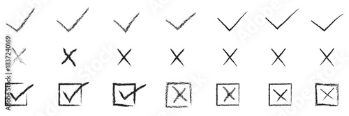 Green check marks and red crosses icon. Collection of green check marks and red cross symbols, including boxed versions, representing approval, rejection, validation, and error concepts.