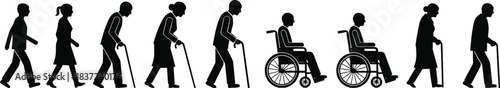 Flat vector illustration of aging progression silhouettes, mobility aid stages, elderly people walking, using canes, wheelchairs, life cycle concept set