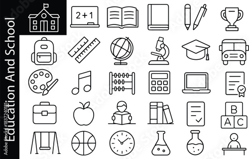 Education and school line icon set including learning tools, classroom symbols, study and teaching elements