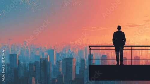 A silhouetted figure of a businessman stands on a rooftop, overlooking a cityscape, set against a stunning sunset sky. The image evokes feelings of ambition, contemplation, and leadership.