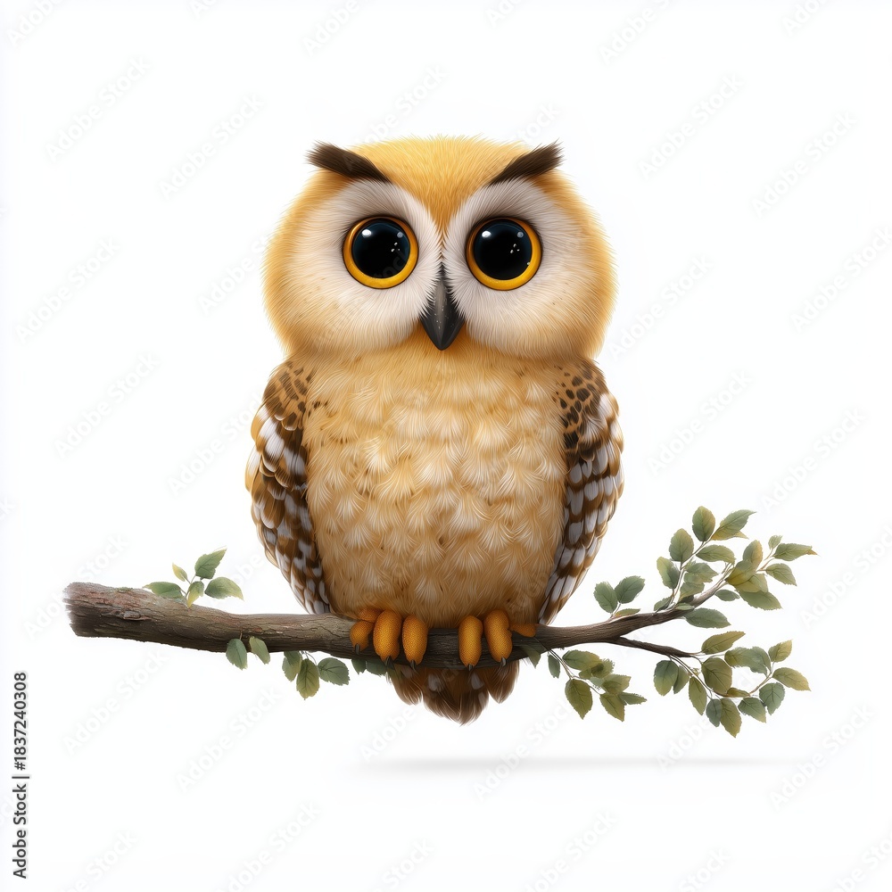 Fototapeta premium Charming cartoon owl perched on a branch nature illustration whimsical environment front view cute concept