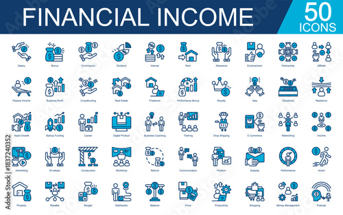 Financial Income Icon Set Collection. Covers Salary, Bonus, Commission, Dividend, Interest, Rent, Allowance, Passive Income, Business Profit. Simple Vector Blue Illustration