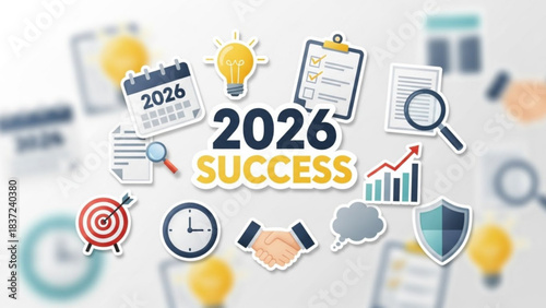 2026 Success Concept: A dynamic composition of symbolic elements, including a calendar and light bulb and agreement handshake and chart, converge to represent the concept of success.