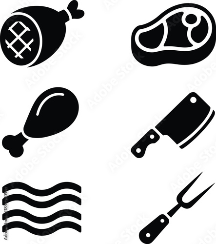 Meat and Kitchen Tools Icons Set – Steak, Drumstick, Cleaver, Fork and Cooking Symbols