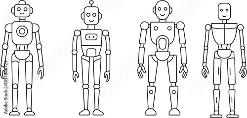 Flat vector illustration of cartoon robots, black and white outline, cute mechanical characters, friendly expressions, futuristic design, technology concept set