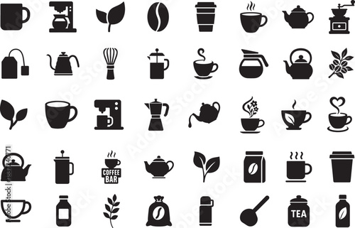 Silhouette icon set of coffee and tea elements, bold beverage symbols for cafe vector designs.