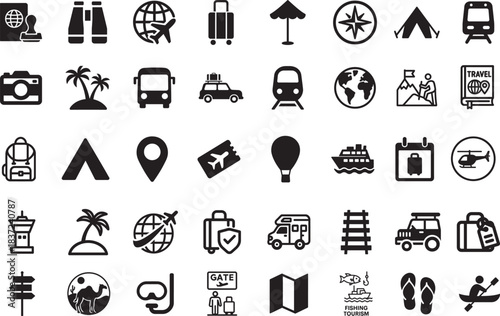 Travel and tourism icon set with global destination symbols in bold clean vector silhouette style.