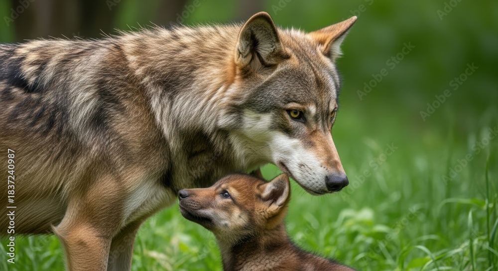 Fototapeta premium Protective Adult Wolf Standing Over Pup. Wolf Family Bond in Grassy Meadow. Adult and Pup with Piercing Yellow Eyes.