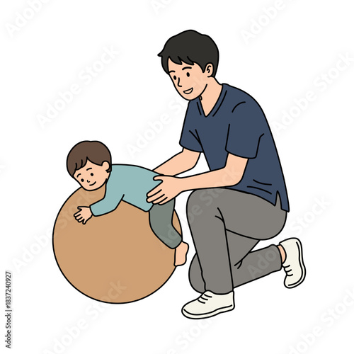Occupational Therapist let a Child play with Thearpy Ball. Occupational therapy in pediatric clinic. Modern Japanese Simple Line Art Illustration Vector.