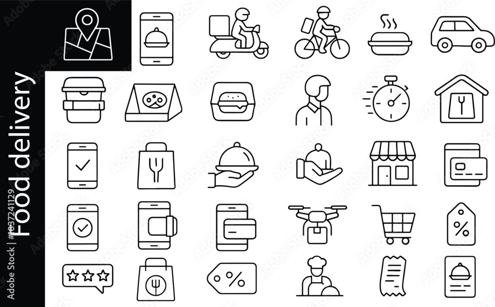 Fototapeta premium Food delivery and restaurant service line icon set including courier, orders, payment, reviews, discounts, tracking and takeaway