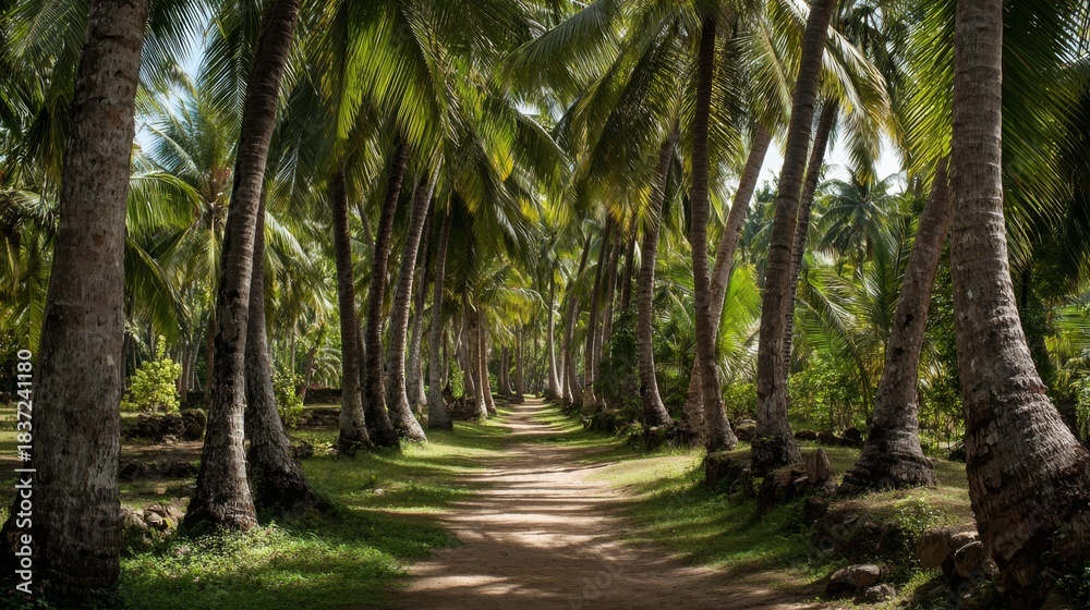 Obraz premium Lush Tropical Pathway Surrounded by Tall Palm Trees and Sunlit Green Foliage in a Serene Natural Landscape