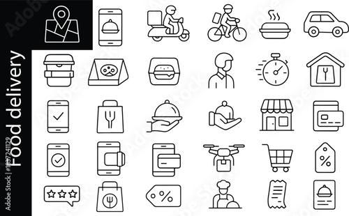 Food delivery and restaurant service line icon set including courier, orders, payment, reviews, discounts, tracking and takeaway