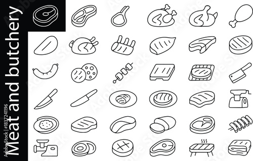 Meat and butchery line icon set including steaks, poultry, grill, knives, sausages and food preparation