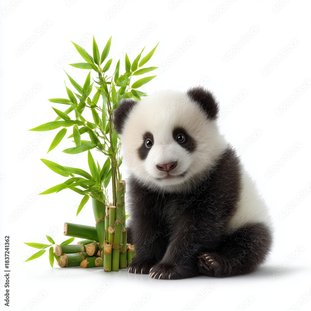Fototapeta premium Adorable baby panda eating bamboo wildlife sanctuary animal photography bright white background close-up nature conservation