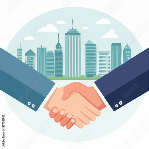 Business Handshake Between Two People with City Skyline in Background.