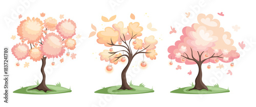 Whimsical pastel fantasy trees with glowing fruits and falling leaves. Perfect for greeting cards, posters, childrens book illustrations, packaging, wall art and magical forest themed projects