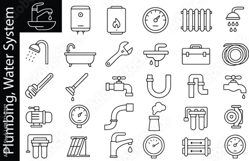 Plumbing, water system and heating line icon set with faucets, pipes, tools and pressure gauges