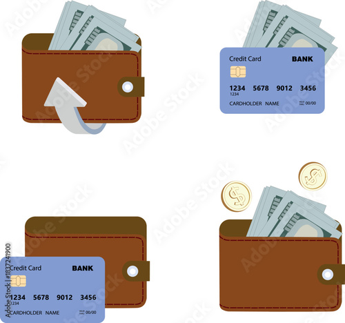 Vector images of brown wallets with money, credit cards, dollar bills and gold coins isolated on white background.