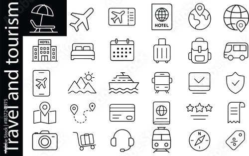 Travel and tourism line icon set including flight, hotel, transport, map, luggage, booking, navigation and vacation symbols