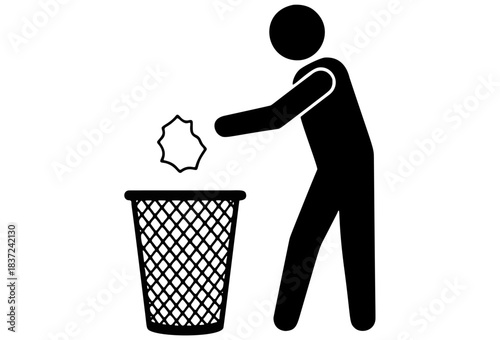 Simple black and white pictogram illustrating a person disposing of crumpled paper waste into a mesh trash can
