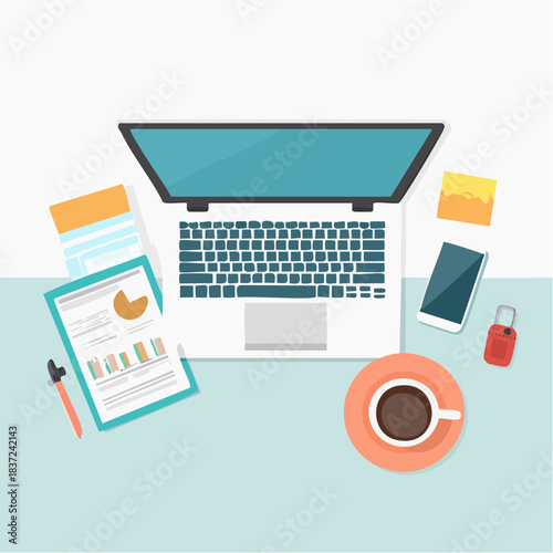 Workstation with Laptop, Smartphone, Notebook, and Coffee on Desk.