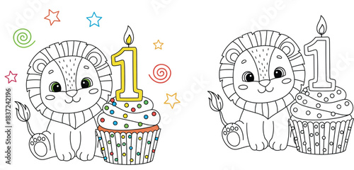 Cute cartoon lion sitting with birthday cupcake and number one candle, vector illustration including colored and black and white outline versions for coloring book or page.