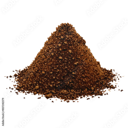 A conical pile of freshly ground dark roast coffee in rich espresso brown, high saturation watercolor macro illustration against a transparent canvas. Concept of gourmet food texture study