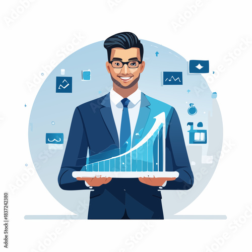 Businessman Analyzing Data and Growth Trends on Digital Tablet.