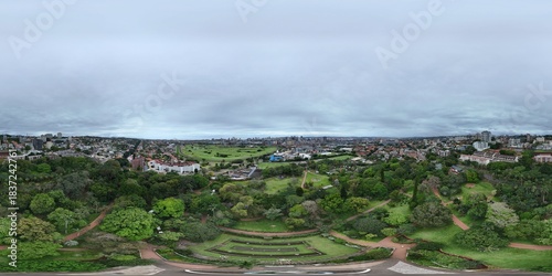 360 aerial photo taken with drone of Durban Botanic Gardens on overcast day in downtown Durban, South Africa