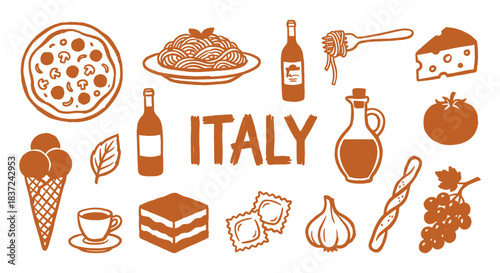 Italy. Italian Food. An orange vector icon set of classic Italian cuisine for a restaurant menu, a travel guide, a food blog, a cookbook, or a pizzeria's branding design asset.