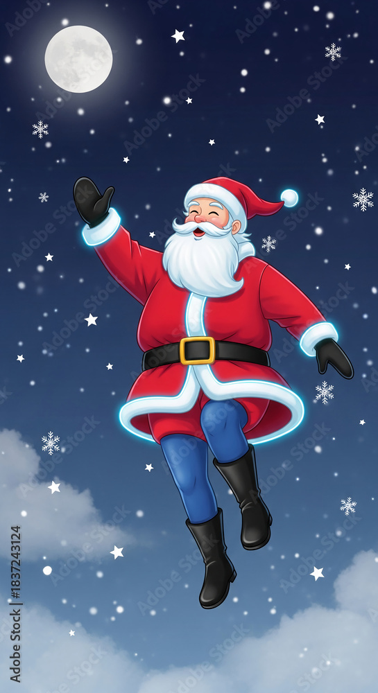 Naklejka premium Illustration of Santa Claus in red suit, flying through the starry night sky with moon and snowflakes, representing festive spirit and holiday cheer
