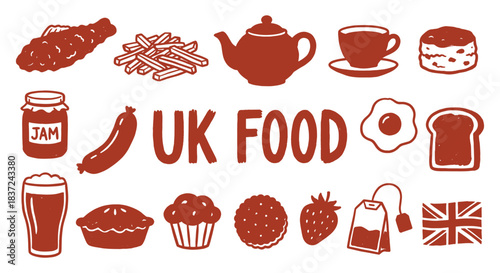 UK Food. Great Britain. A red vector icon set of classic British food and drinks for a restaurant menu, a pub's branding, a travel guide, or a cultural design project illustration.