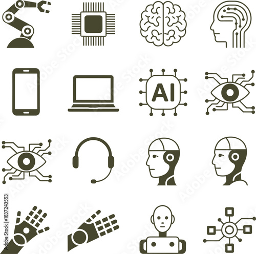 Artificial intelligence and robotics vector icon set featuring chips, devices, humanoids, networks, and machine interfaces.