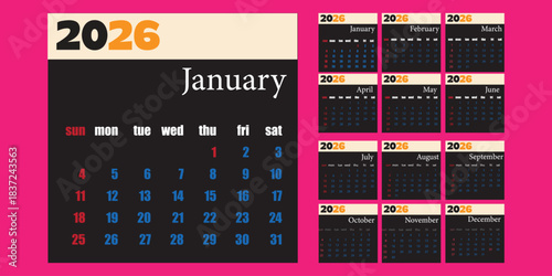 Modern 2026 calendar design with January highlight and yearly overview