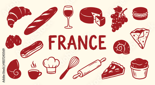 France. French Food. A red hand drawn vector doodle set of classic French cuisine and pastry for a restaurant menu, a Parisian cafe's branding, a cookbook, or a travel blog graphic.