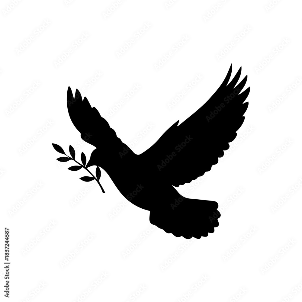 Fototapeta premium A powerful black vector silhouette of a dove in flight, carrying an olive branch in its beak. This classic and universally recognized symbol represents peace, hope, freedom, and goodwill.