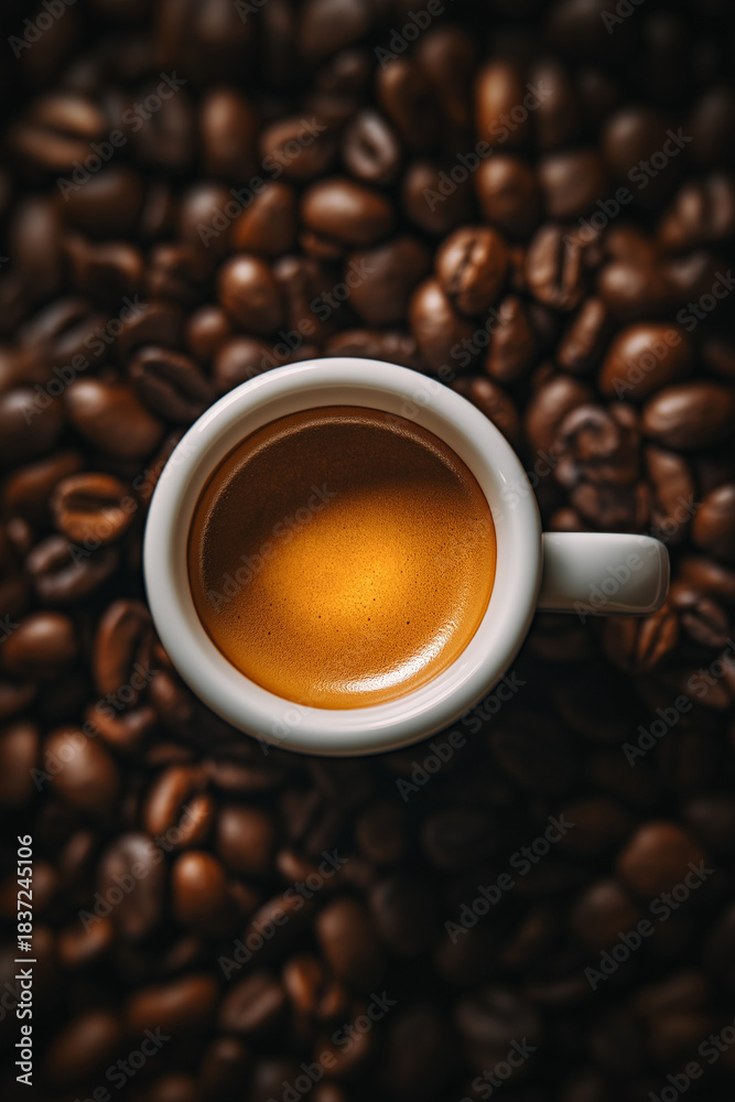 Fototapeta premium A cinematic teaser photo shot from the top ceiling birds eye view. a white espresso cup in the middle. below the cup, it is surrounded by roasted coffee beans as if they are the foundation of the drin